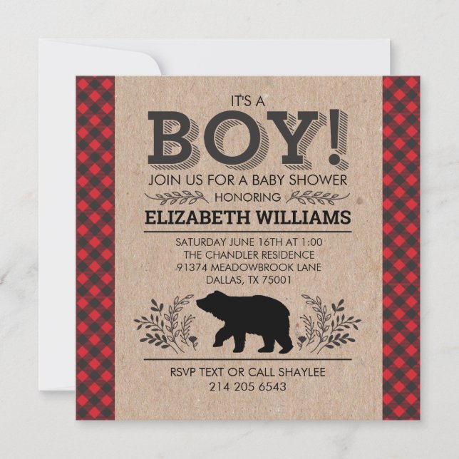Convites Chá de fraldas Flannel Rustic Boy Inv (Frente)