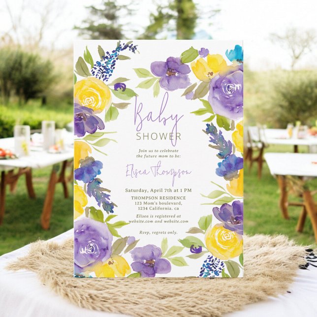 Convites Chá de fraldas floral amarelo lavanda Boho (Boho lavender yellow floral baby shower invitation)
