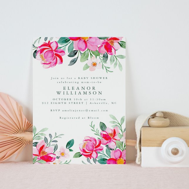 Convites Chá de fraldas Floral Amarelo-Rosa-Quente (Criador carregado)