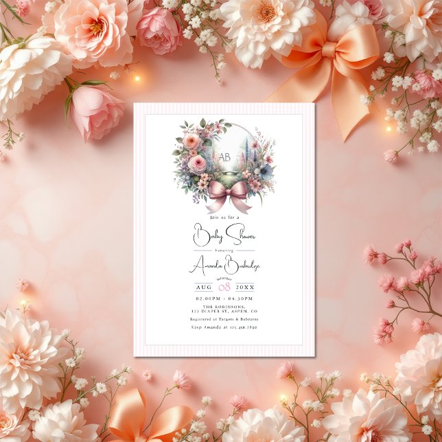 Convites Chá de fraldas Floral Arco de Sangue Pastel Garden (Pastel Garden Blooms Bow Floral Baby Shower Invitation)