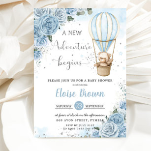 Convites Chá de fraldas Floral Azul Balão de Ar Quente do U