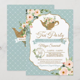 Convites Chá de fraldas Floral Azul-Blush Turquoise Party C