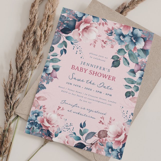 Convites Chá de fraldas Floral Azul Boho Data de Salvamento (Boho Blue Floral Baby Shower Save Date Blush Invitation)