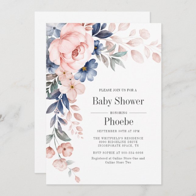 Convites Chá de fraldas Floral Azul Cor-de-Rosa Moderno (Frente/Verso)