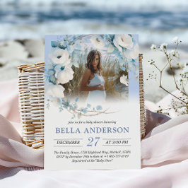 Convites Chá de fraldas Floral Azul Elegante