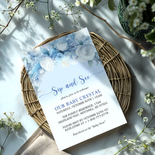 Convites Chá de fraldas Floral Azul Elegante Sip e Consulte
