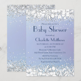 Convites Chá de fraldas Floral Azul Moderno com Glitter