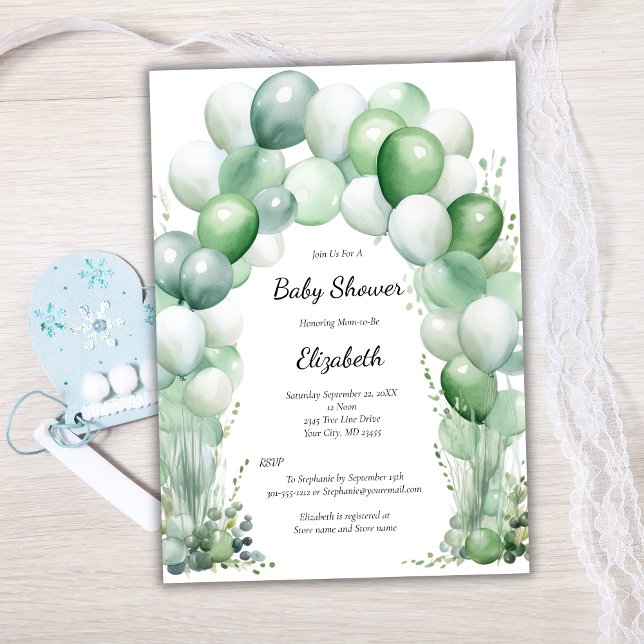 Convites Chá de fraldas Floral Baby Boy dos Balões Verdes A (Blue Green Balloon Arch Floral Baby Boy Baby Shower Invitation.)