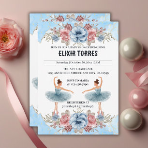 Convites Chá de fraldas Floral Ballerina, Cor Azul-Cura