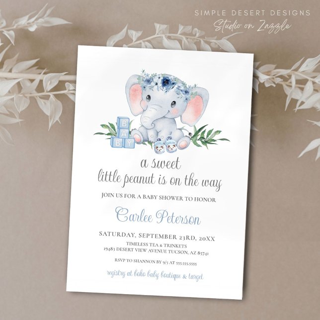 Convites Chá de fraldas Floral Blue Elephant (Cute Elephant Baby Shower Invitation with Blue Floral and Greenery, Calligraphy Script)