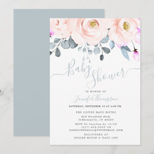 Convites Chá de fraldas Floral Blush & Dusty Blue Watercolo