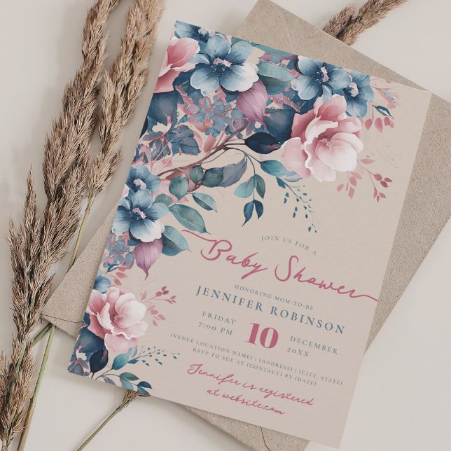 Convites Chá de fraldas Floral Boho Blue Garden Champagne (Boho Blue Garden Floral Baby Shower Champagne Invitation)