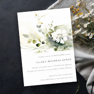 Convites Chá de fraldas Floral Branco Abstrato Verde