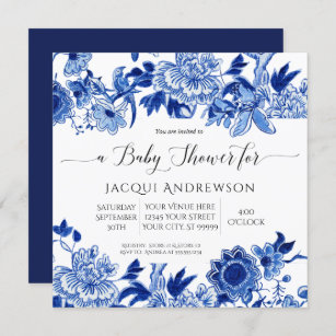 Convites Chá de fraldas Floral Branco Azul de Influência As