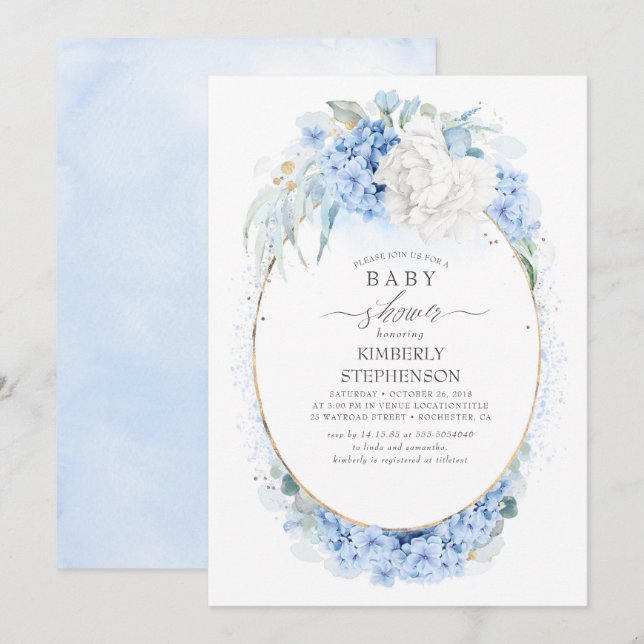 Convites Chá de fraldas Floral Branco e Azul Dusty (Frente/Verso)