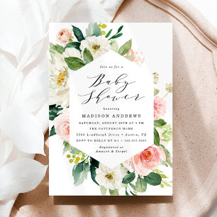 Convites Chá de fraldas Floral Branco e Cor-de-rosa embebid