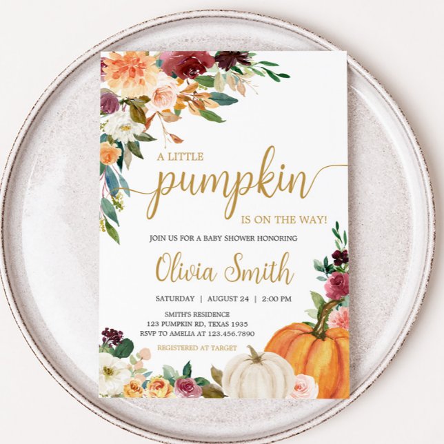 Convites Chá de fraldas Floral Burgundy Pumpkin (Pumpkin Baby Shower Invitation)