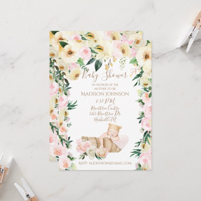 Convites Chá de fraldas Floral Cama de Bebê (Frente/Verso In Situ)