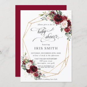 Convites Chá de fraldas Floral Cinza Rosa Brilhante Geométr