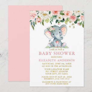 Convites Chá de fraldas Floral Cor-de-Água Rosa, Elefante