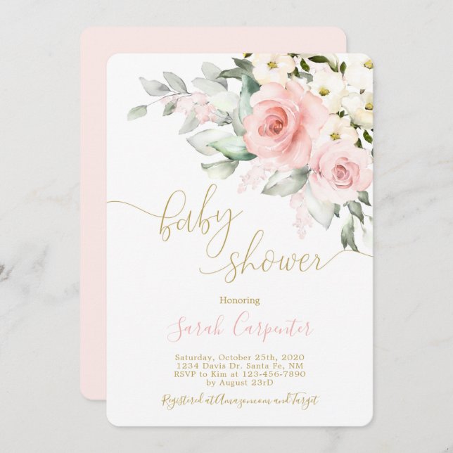 Convites Chá de fraldas floral cor-de-rosa (Frente/Verso)