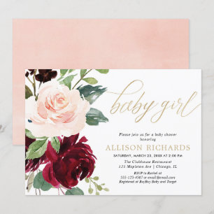 Convites Chá de fraldas floral cor-de-rosa e burgundy