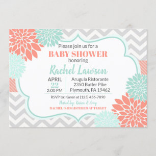 Convites Chá de fraldas Floral Coral & Mint Blooms