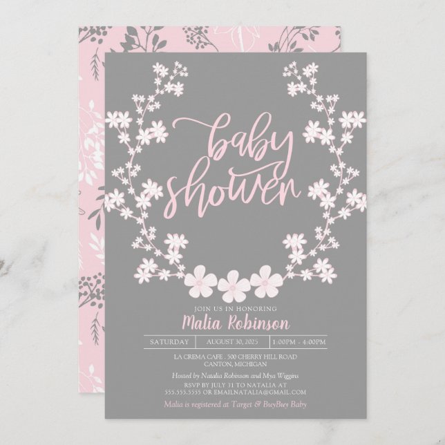 Convites Chá de fraldas floral da grinalda da respiração do (Frente/Verso)