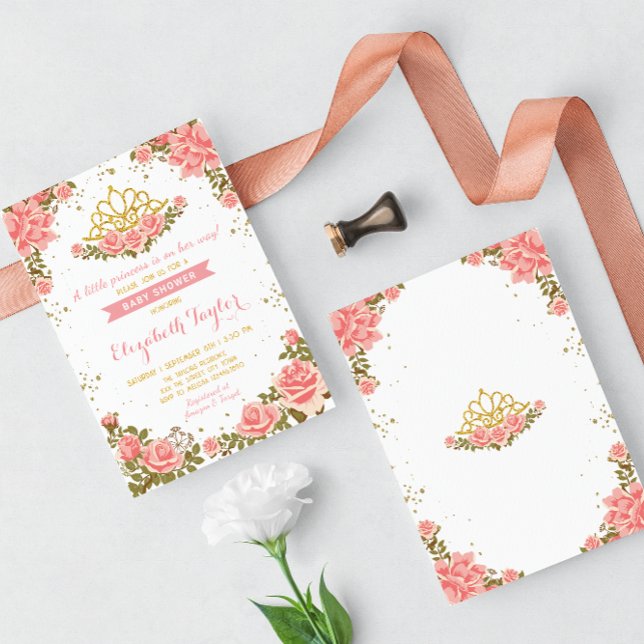 Convites Chá de fraldas Floral da Princesa Dourada e Rosa (Criador carregado)