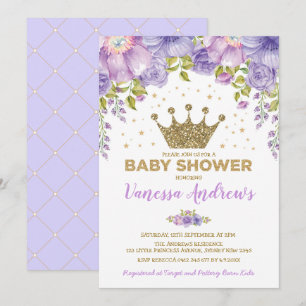 Convites Chá de fraldas Floral da Princesa Dourada Lavanda