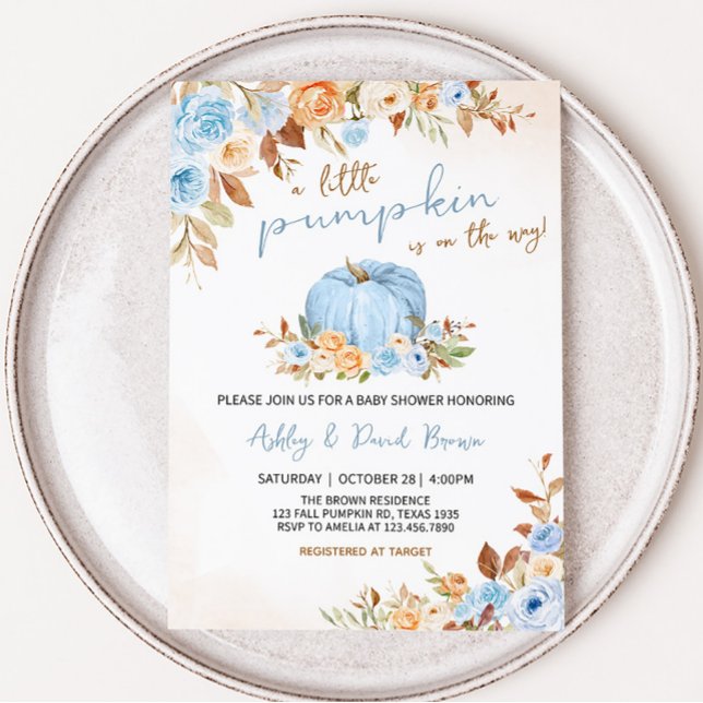 Convites Chá de fraldas Floral de Abóbora Azul (Blue Pumpkin Baby Shower Invitation )