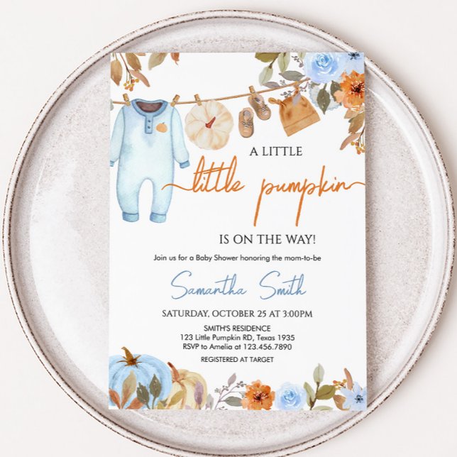 Convites Chá de fraldas Floral de Abóbora Azul (Blue Autumn Floral Little Pumpkin Clothesline Baby Shower Invitation)