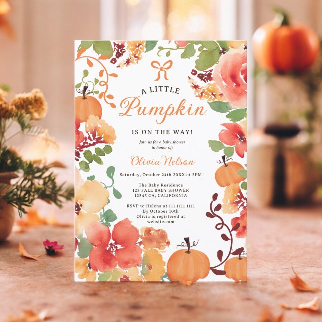 Convites Chá de fraldas floral de abóbora de outono (Fall Boho Little pumpkin baby shower Invitation)