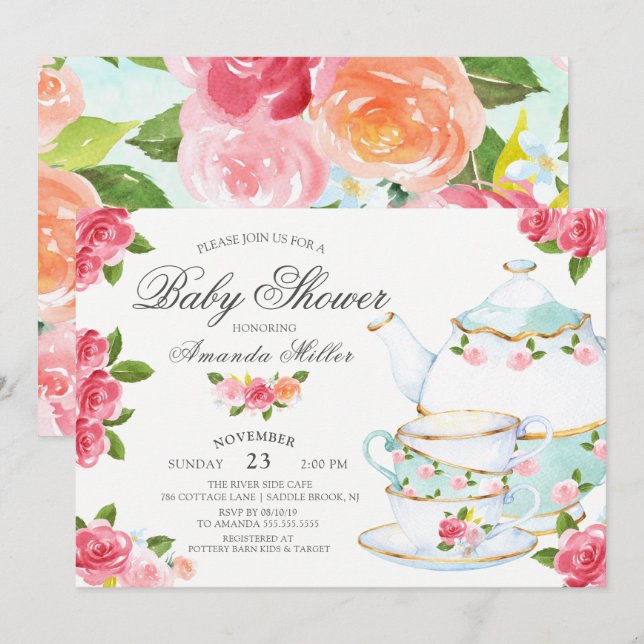 Convites Chá de fraldas Floral de Aquarela (Frente/Verso)