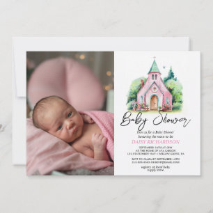 Convites Chá de fraldas floral de aquarela de igreja rosa