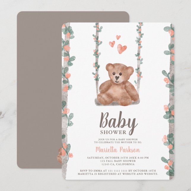 Convites Chá de fraldas floral de aquarela de ursinho (Frente/Verso)