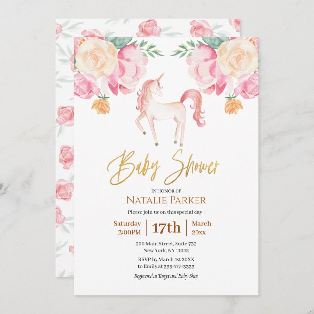 Convites Chá de fraldas Floral de Aquarela Dourada do Unico (Frente/Verso)