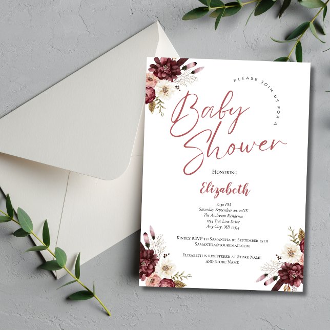 Convites Chá de fraldas Floral de Aquarela Rosa Burgundy (Pink Burgundy Floral Baby Girl Baby Shower Invitation. Printed or Instant Digital Download)