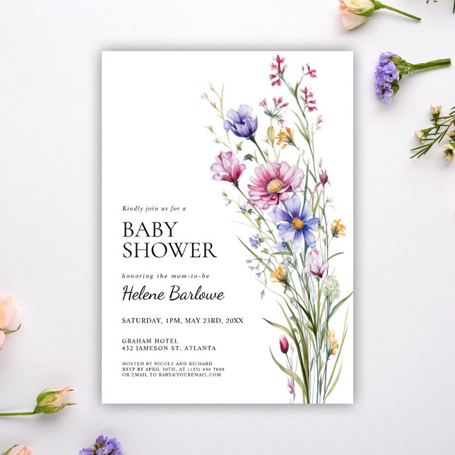 Convites Chá de fraldas Floral de Boho Moderno Russo (Wildflower Modern Rustic Boho Floral Baby Shower Invitation)