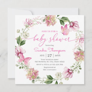 Convites Chá de fraldas Floral de Borboleta Rosa de Aquarel