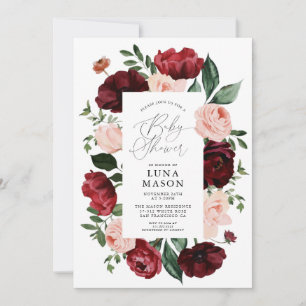 Convites Chá de fraldas Floral de Borgonha e Blush Watercol