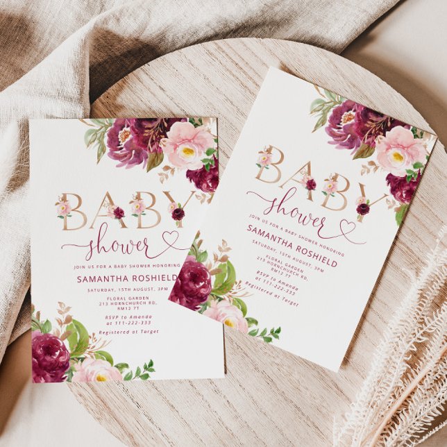 Convites Chá de fraldas floral de Burgundy (Criador carregado)