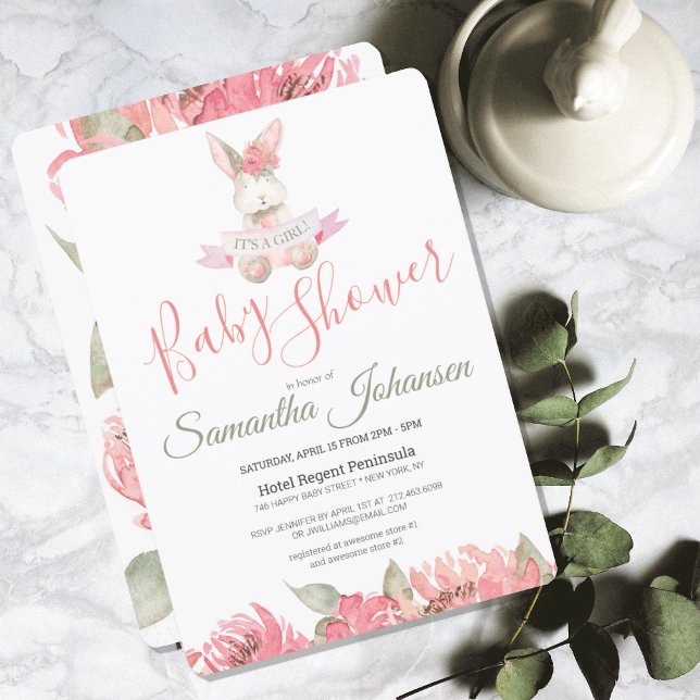 Convites Chá de fraldas Floral de Coelheira Pink-Molha (SWEET WOODLAND BUNNY FLORAL BABY SHOWER INVITATION)