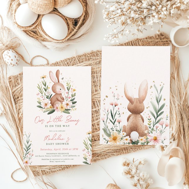 Convites Chá de fraldas Floral de Coelhinha de Aquarela Cól (Cute Watercolor Easter Bunny Floral Baby Shower Invitation)
