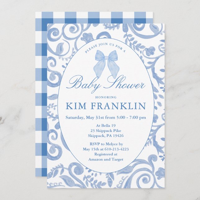 Convites Chá de fraldas Floral de Coquette Gingham Arco Azu (Frente/Verso)
