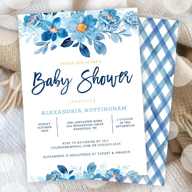 Convites Chá de fraldas Floral de Cor Azul (Blue Watercolor Floral Baby Shower Invitation)