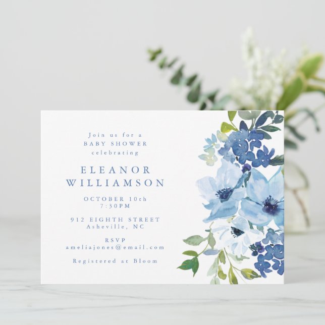 Convites Chá de fraldas Floral de Cor Azul-Vazia Chic (Em pé/Frente)