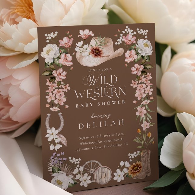 Convites Chá de fraldas Floral de Cowboy Chic Western Water (Chic Western Watercolor Floral Cowboy Baby Shower Invitation)