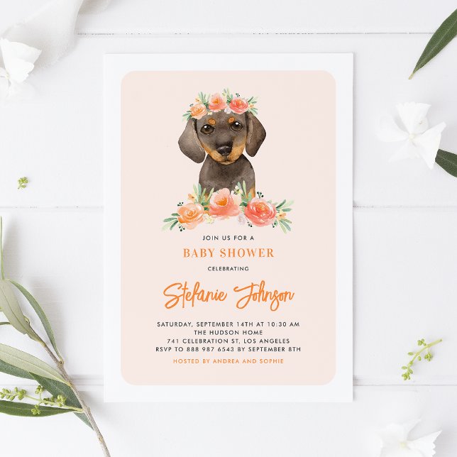 Convites Chá de fraldas Floral de Dachshund Peach Cáudia (Criador carregado)