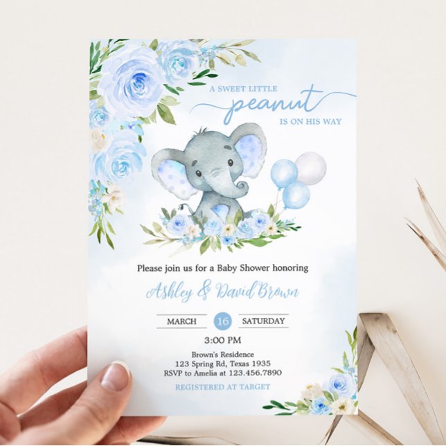 Convites Chá de fraldas Floral de Elefante Azul (Boy Elephant Balloon Baby Shower Invitation)